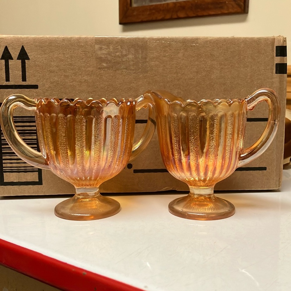 VINTAGE Fenton Carnival Glass Marigold Stippled Rays Peach Gold Creamer & Sugar